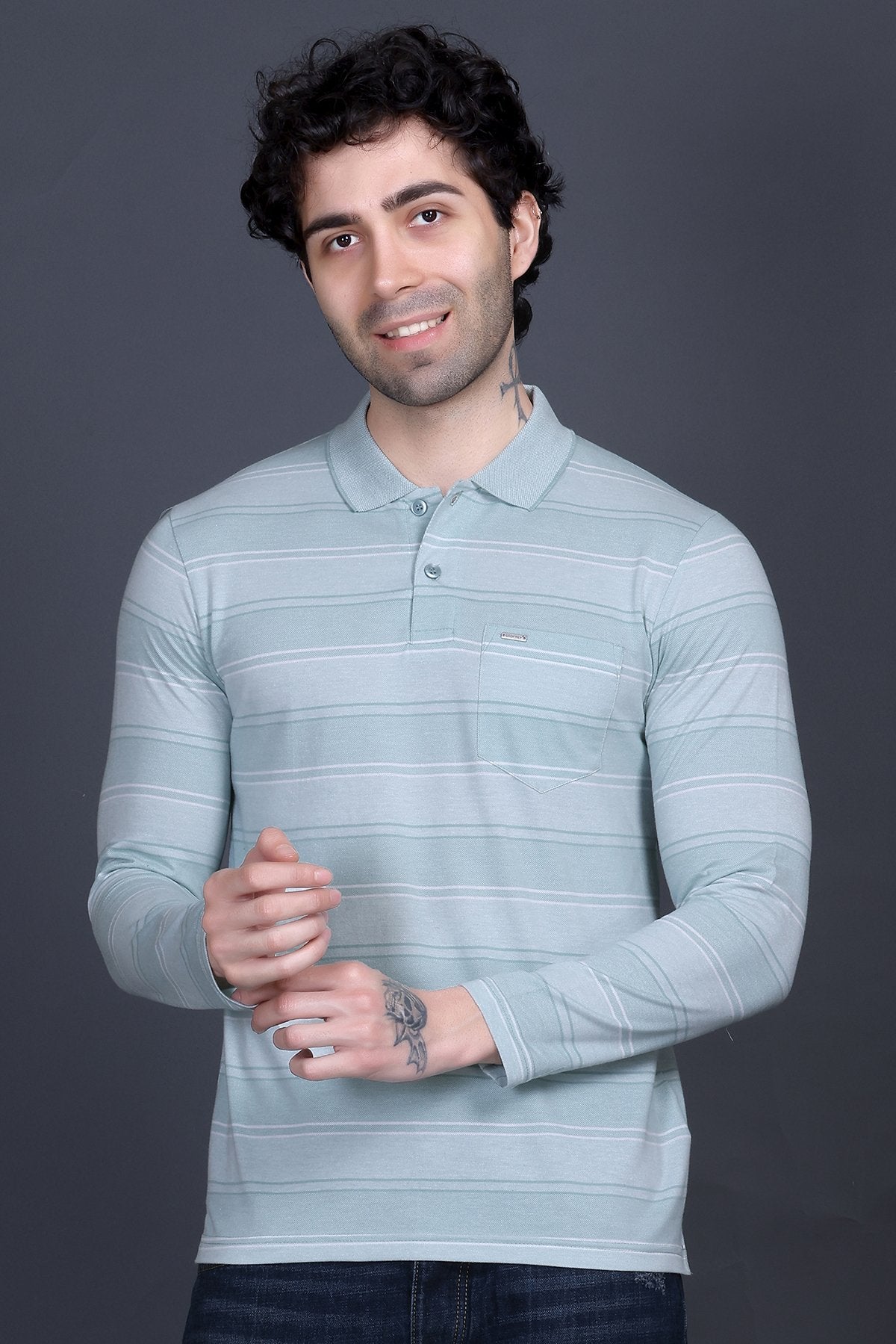 Sea Green Striped Cotton Men Full Sleeve Polo T Shirts With Pocket