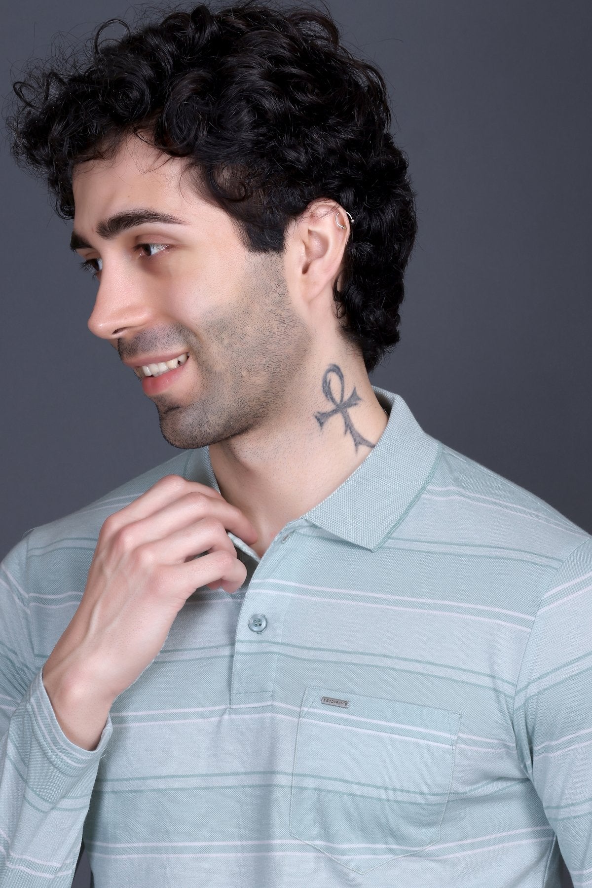 Sea Green Striped Cotton Men Full Sleeve Polo T Shirts With Pocket