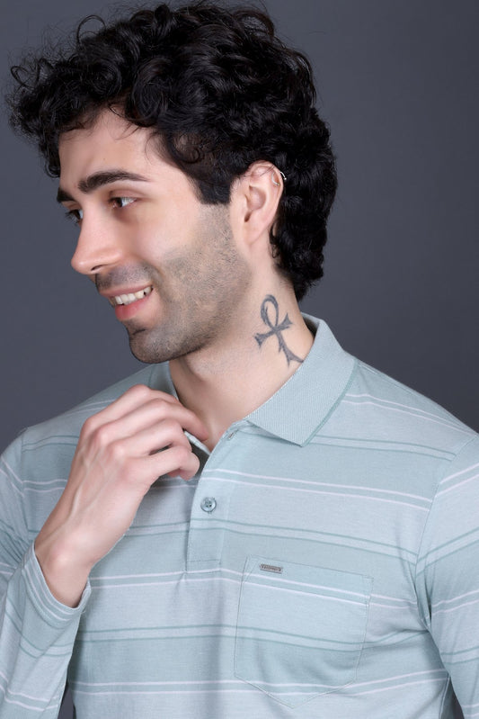 Sea Green Striped Cotton Men Full Sleeve Polo T Shirts With Pocket