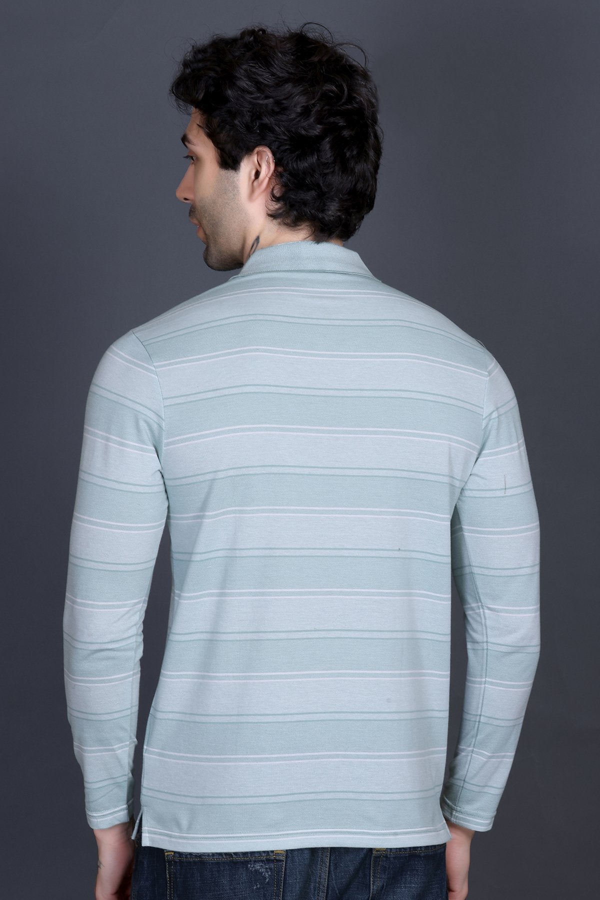 Sea Green Striped Cotton Men Full Sleeve Polo T Shirts With Pocket