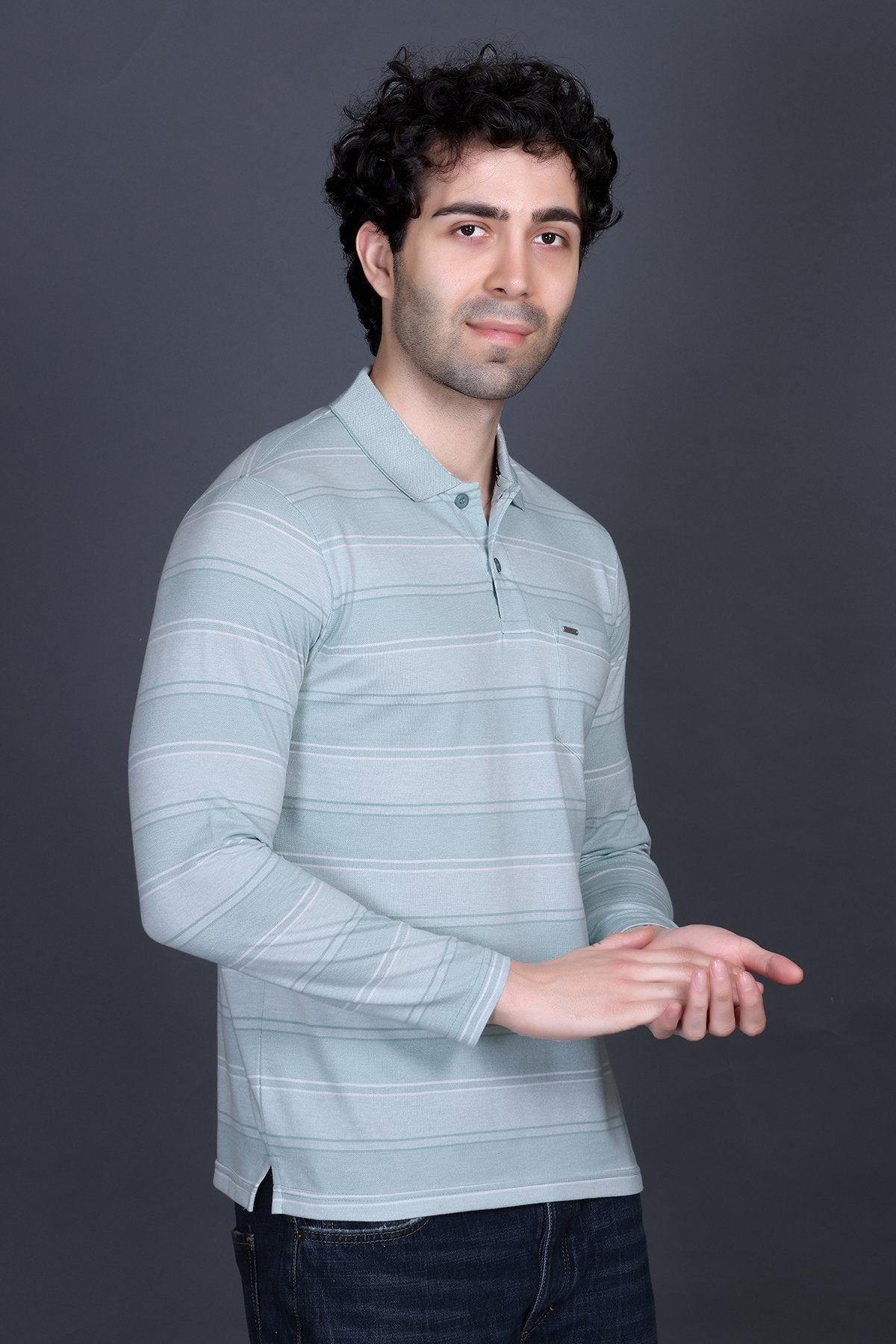 Sea Green Striped Cotton Men Full Sleeve Polo T Shirts With Pocket