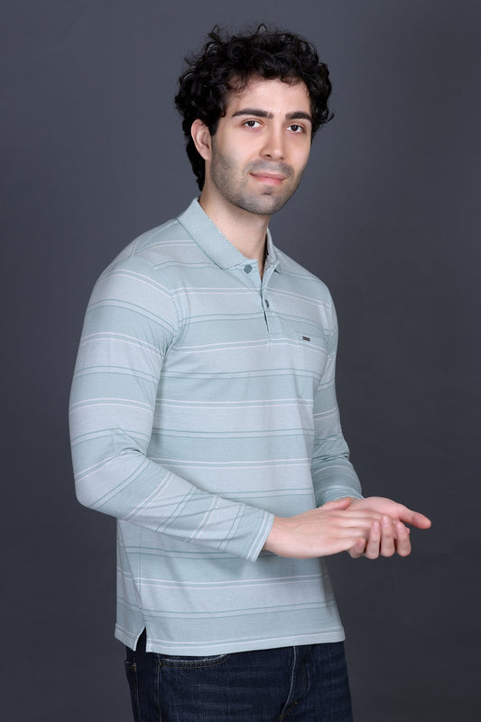 Sea Green Striped Cotton Men Full Sleeve Polo T Shirts With Pocket