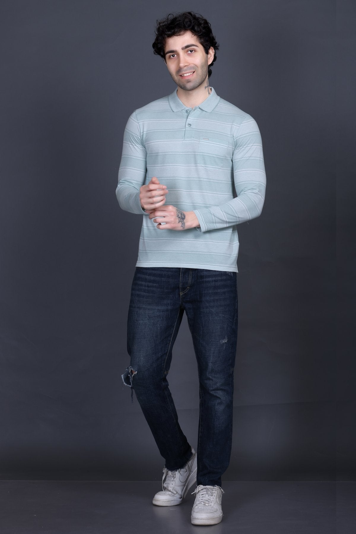 Sea Green Striped Cotton Men Full Sleeve Polo T Shirts With Pocket