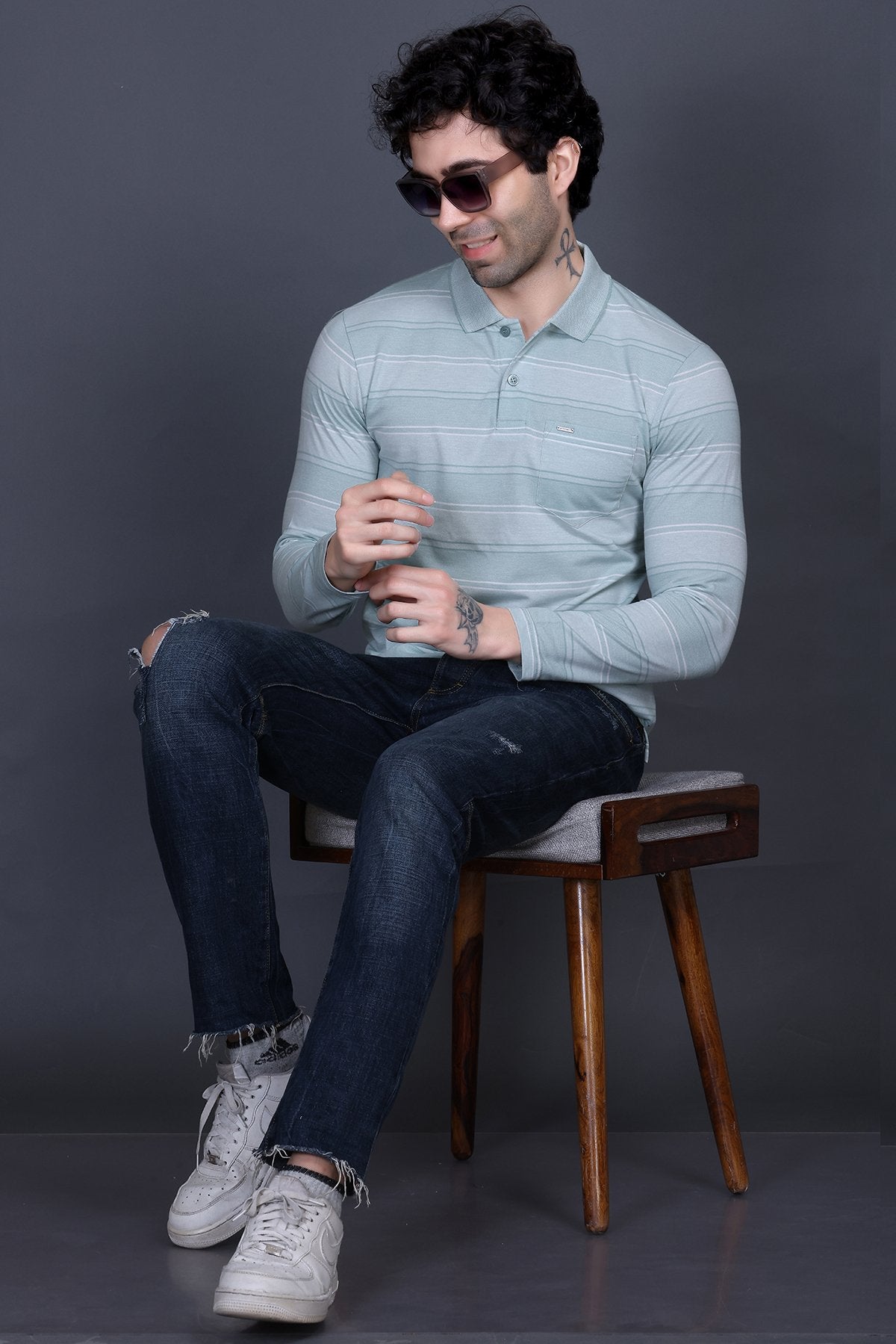 Sea Green Striped Cotton Men Full Sleeve Polo T Shirts With Pocket