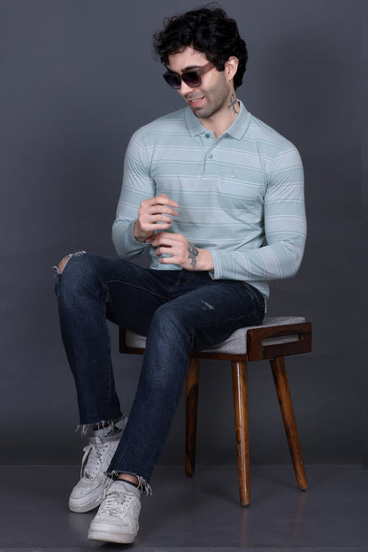 Sea Green Striped Cotton Men Full Sleeve Polo T Shirts With Pocket