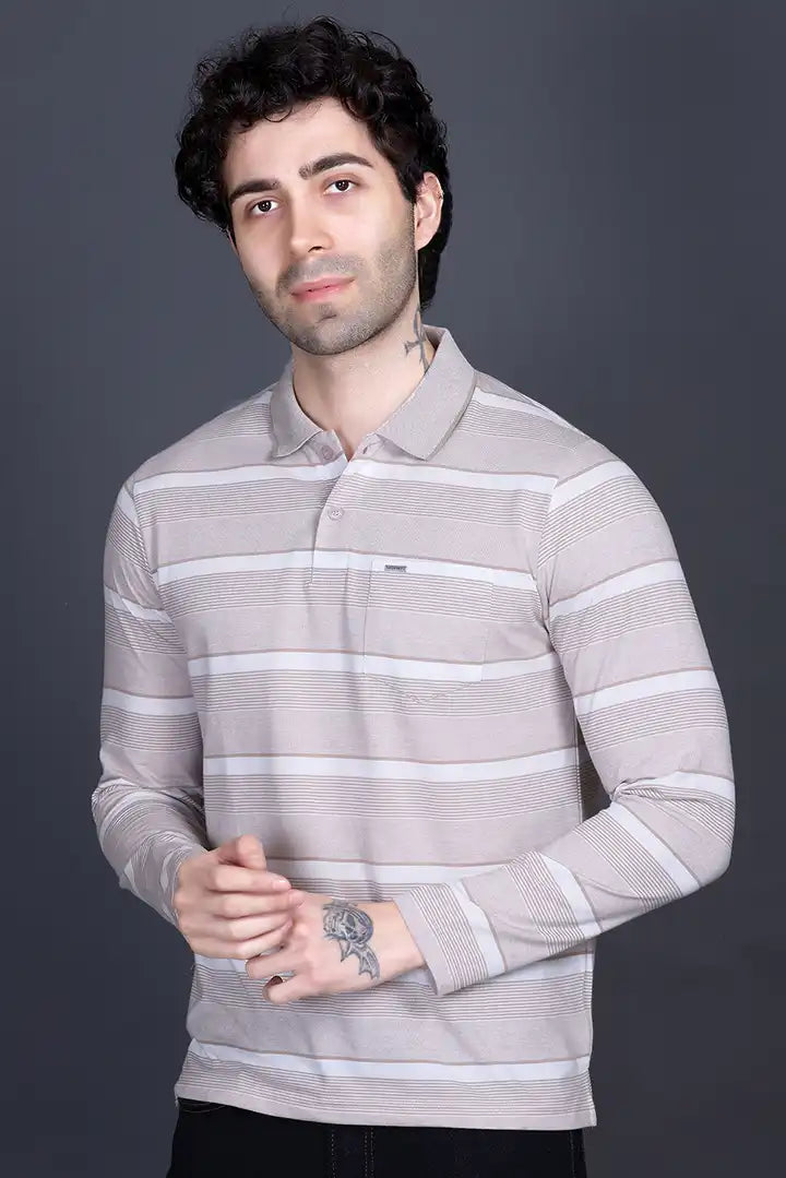 Sand Stone Cotton Men Full Sleeve Polo T Shirts With Pocket