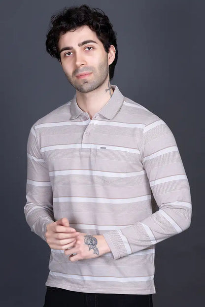 Sand Stone Cotton Men Full Sleeve Polo T Shirts With Pocket