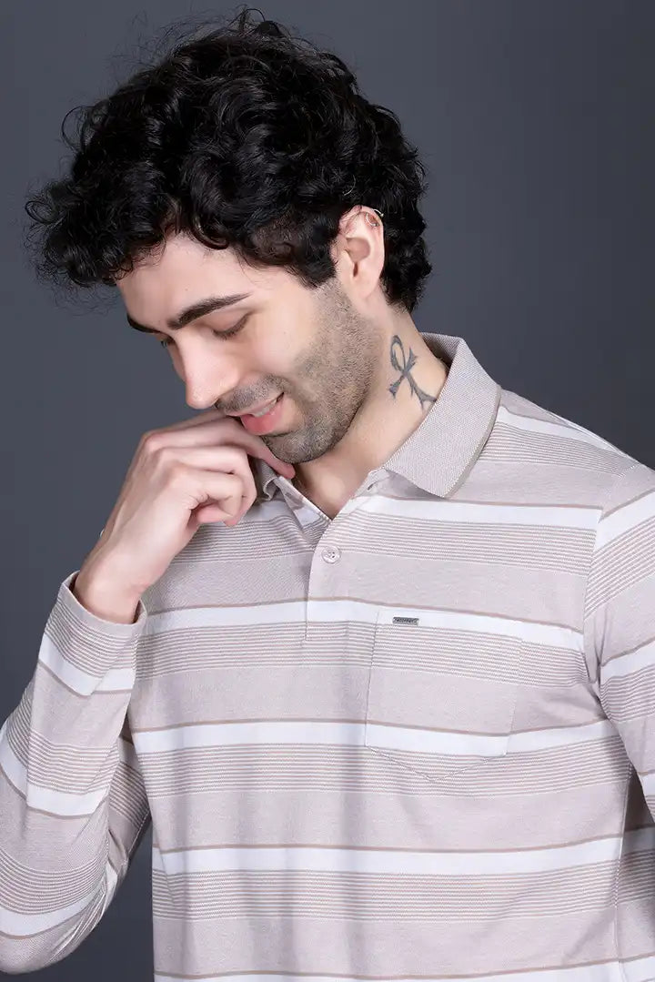 Sand Stone Cotton Men Full Sleeve Polo T Shirts With Pocket