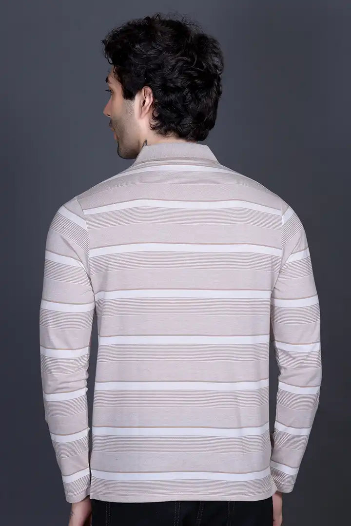 Sand Stone Cotton Men Full Sleeve Polo T Shirts With Pocket