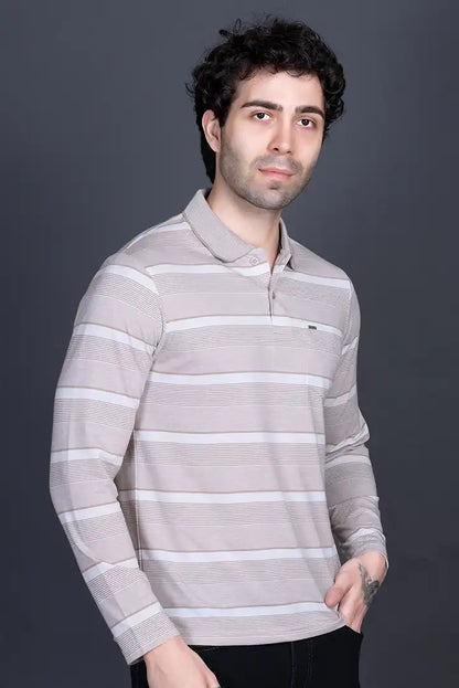 Sand Stone Cotton Men Full Sleeve Polo T Shirts With Pocket