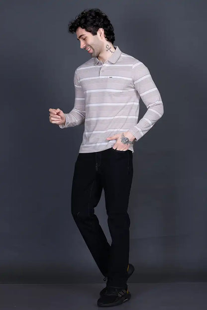 Sand Stone Cotton Men Full Sleeve Polo T Shirts With Pocket