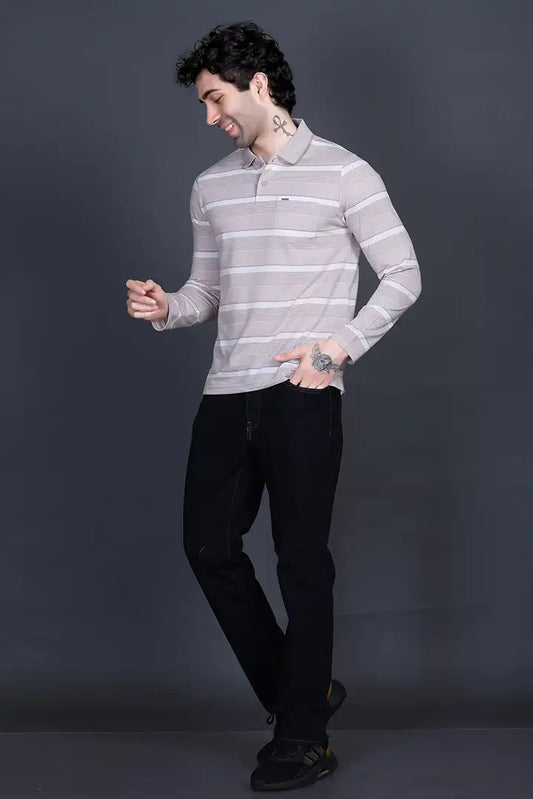 Sand Stone Cotton Men Full Sleeve Polo T Shirts With Pocket