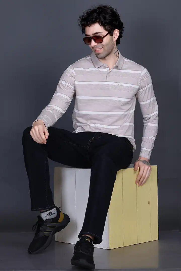 Sand Stone Cotton Men Full Sleeve Polo T Shirts With Pocket