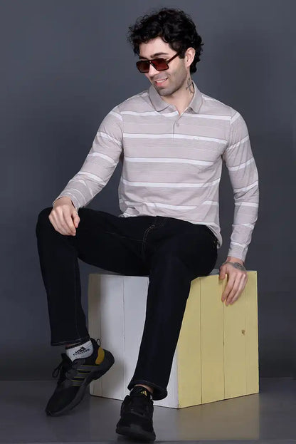 Sand Stone Cotton Men Full Sleeve Polo T Shirts With Pocket