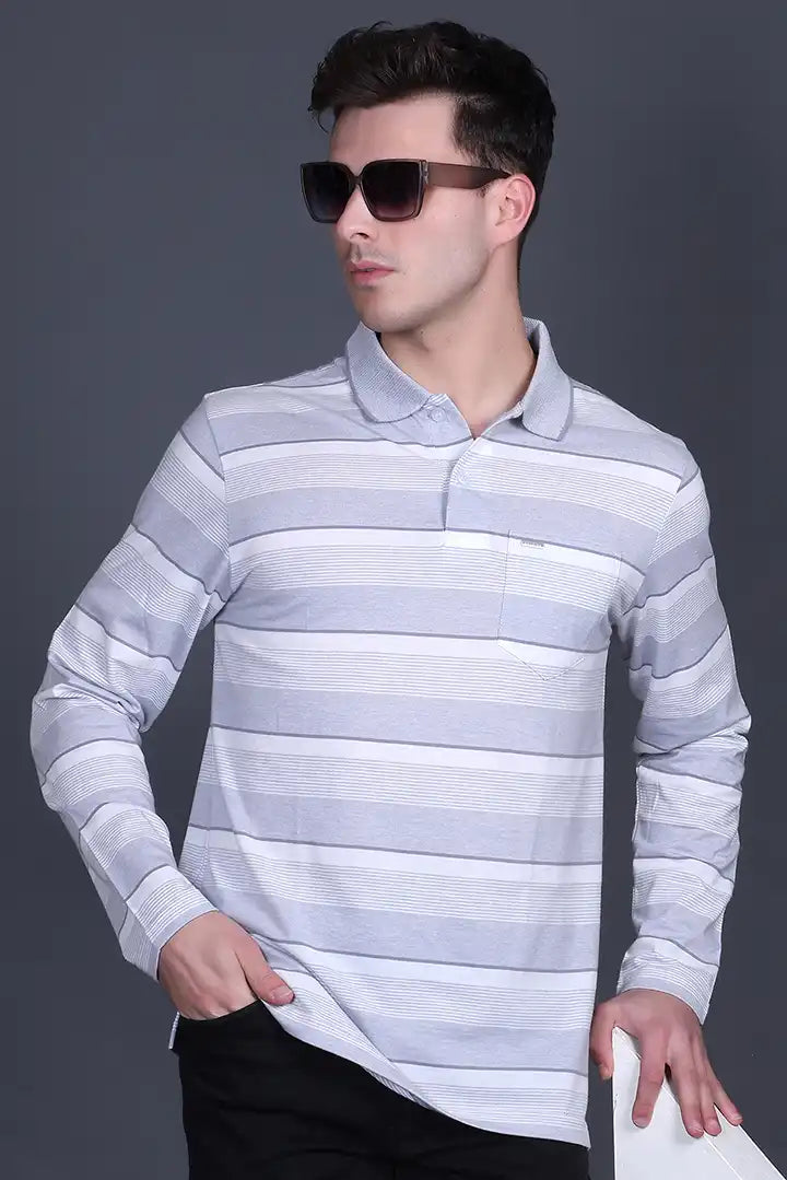 Steel Grey Striped Cotton Men Full Sleeve Polo T Shirts With Pocket