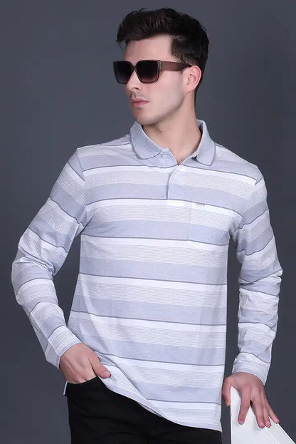 Steel Grey Striped Cotton Men Full Sleeve Polo T Shirts With Pocket