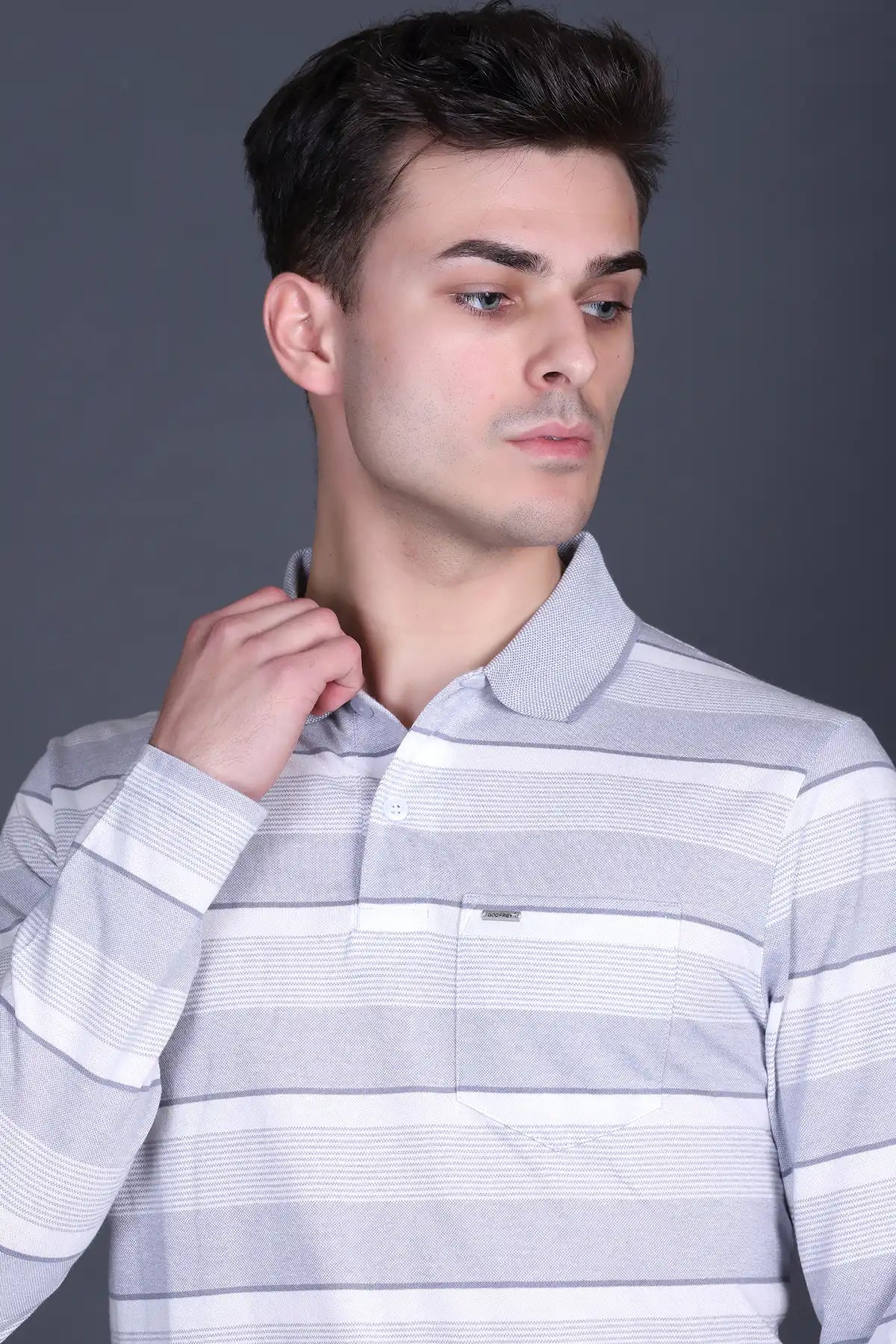 Steel Grey Striped Cotton Men Full Sleeve Polo T Shirts With Pocket