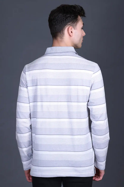 Steel Grey Striped Cotton Men Full Sleeve Polo T Shirts With Pocket