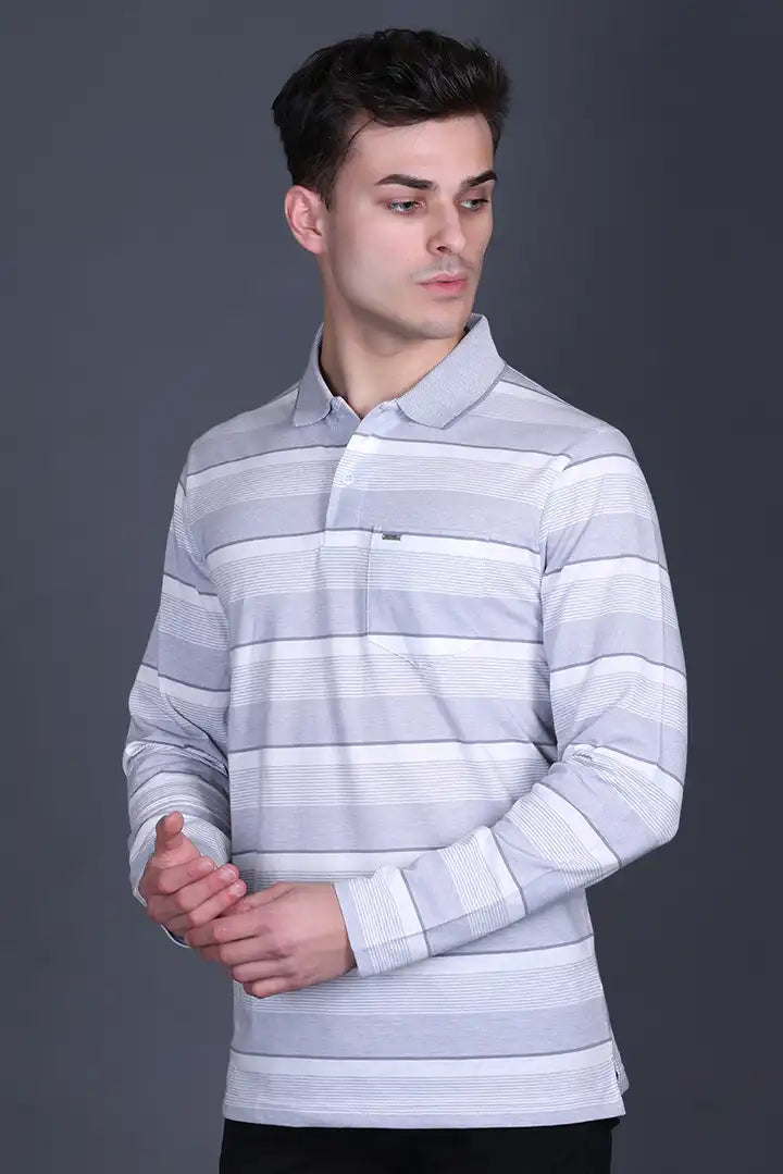 Steel Grey Striped Cotton Men Full Sleeve Polo T Shirts With Pocket