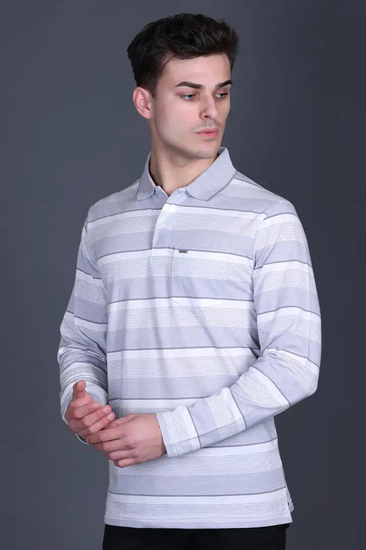 Steel Grey Striped Cotton Men Full Sleeve Polo T Shirts With Pocket