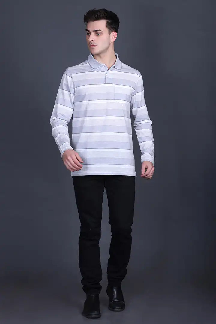Steel Grey Striped Cotton Men Full Sleeve Polo T Shirts With Pocket