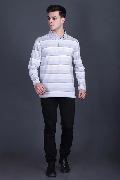 Steel Grey Striped Cotton Men Full Sleeve Polo T Shirts With Pocket