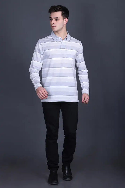 Steel Grey Striped Cotton Men Full Sleeve Polo T Shirts With Pocket