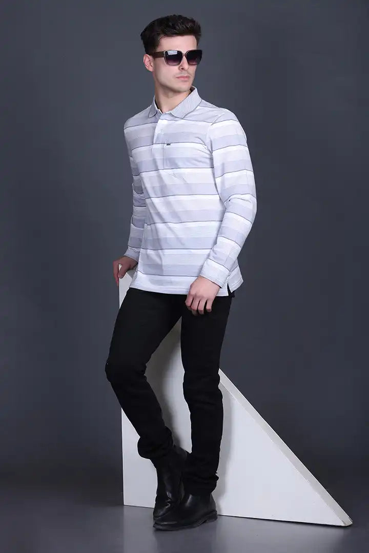 Steel Grey Striped Cotton Men Full Sleeve Polo T Shirts With Pocket