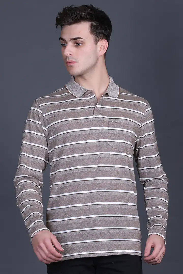 Walnut Brown Full Sleeve Polo T Shirts With Pocket