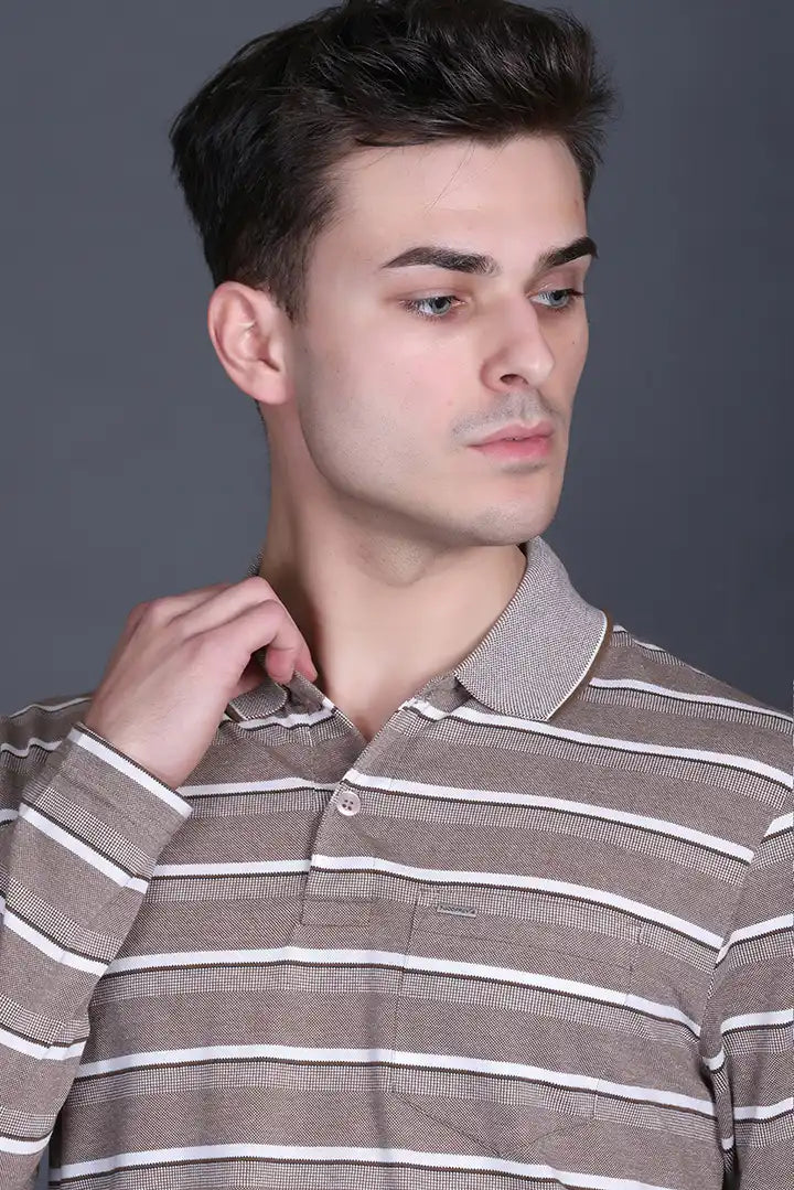 Walnut Brown Full Sleeve Polo T Shirts With Pocket