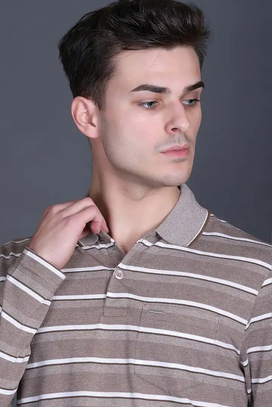 Walnut Brown Full Sleeve Polo T Shirts With Pocket