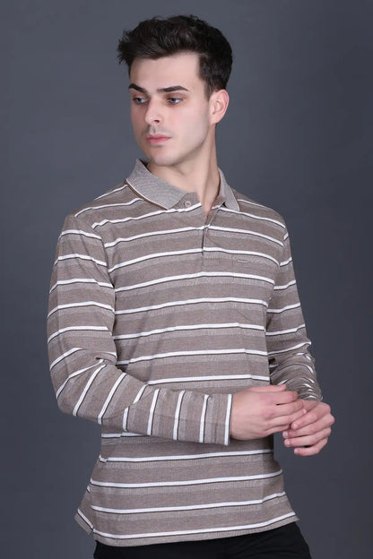 Walnut Brown Full Sleeve Polo T Shirts With Pocket