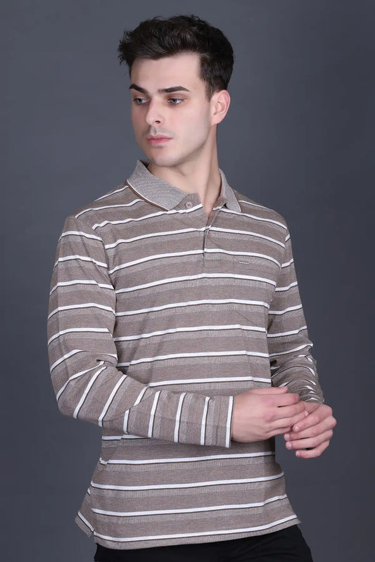 Walnut Brown Full Sleeve Polo T Shirts With Pocket