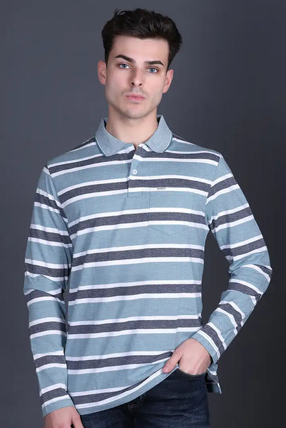Teal Full Sleeve Polo T Shirts With Pocket