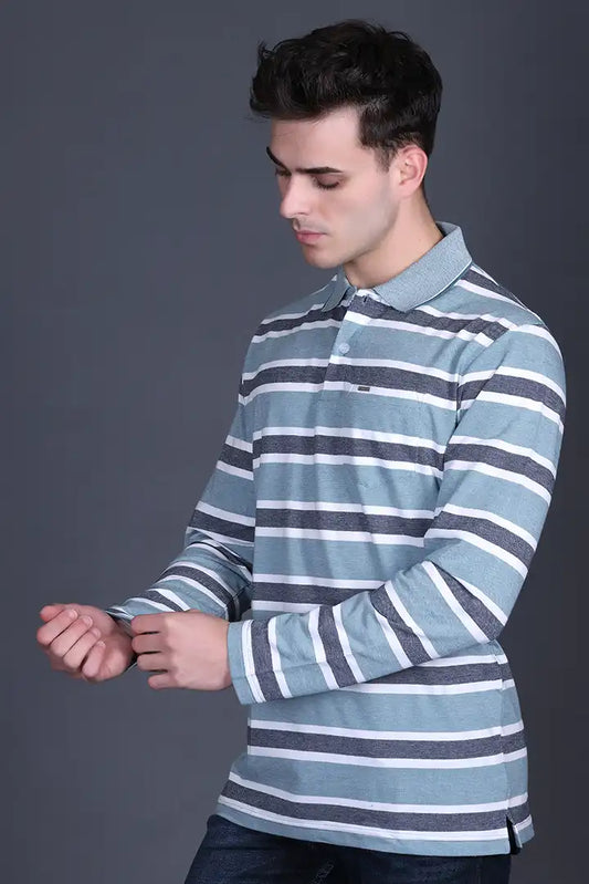 Teal Full Sleeve Polo T Shirts With Pocket