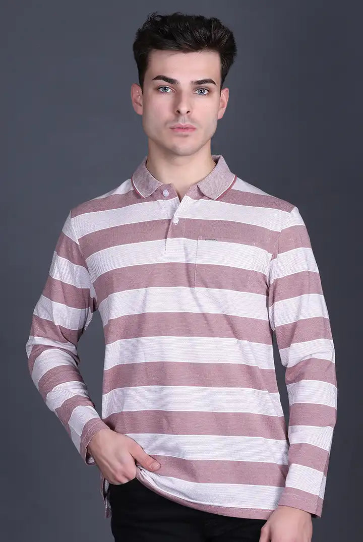 Brick Maroon Cotton Full Sleeve Polo T Shirts With Pocket