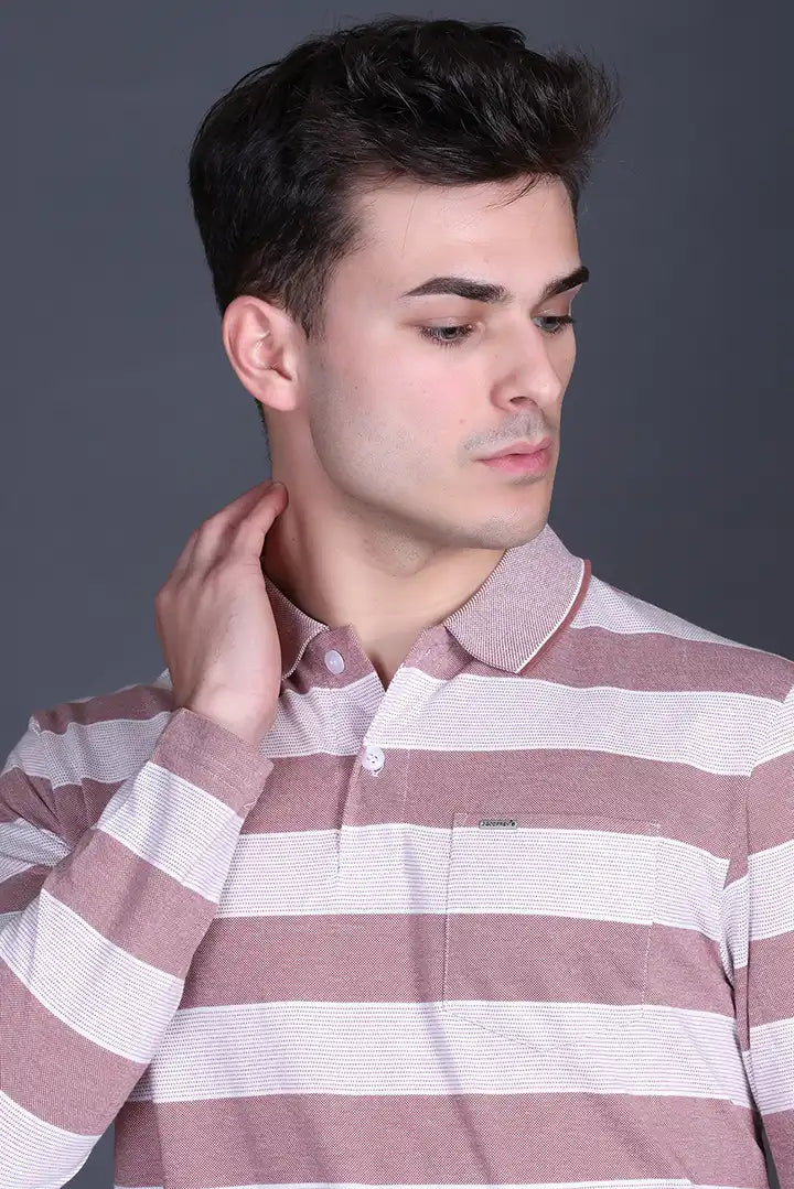 Brick Maroon Cotton Full Sleeve Polo T Shirts With Pocket