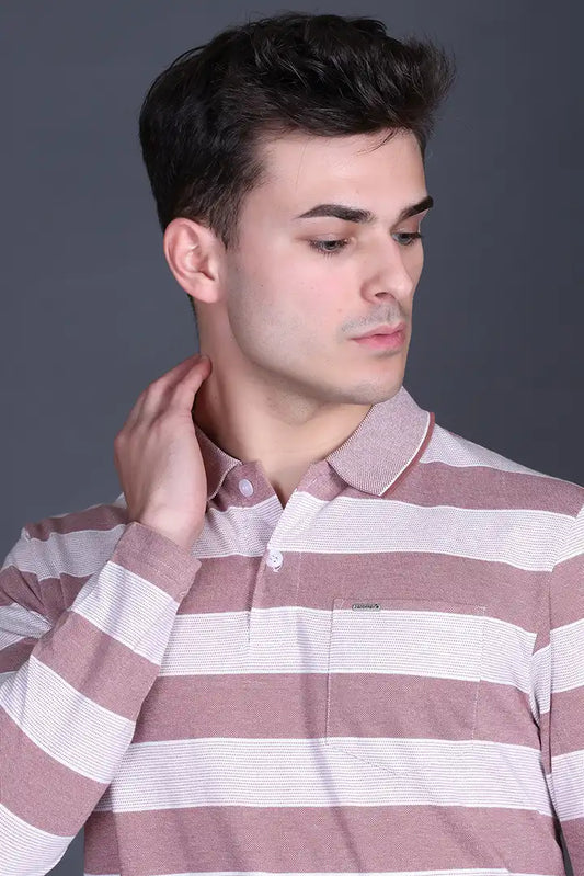 Brick Maroon Cotton Full Sleeve Polo T Shirts With Pocket