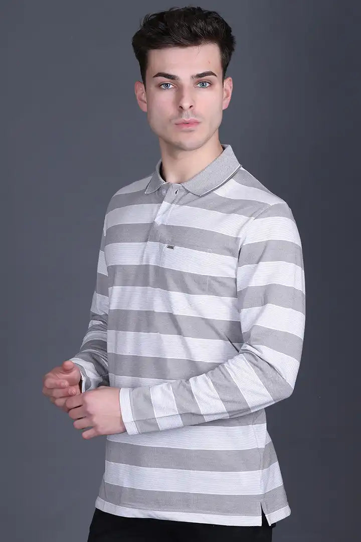 Smoke Green Cotton Full Sleeve Polo T Shirts With Pocket