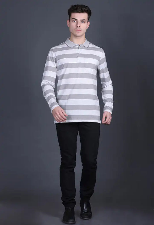 Smoke Green Cotton Full Sleeve Polo T Shirts With Pocket