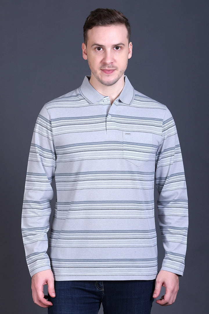 Light Grey Striped Cotton Men Full Sleeve Polo T Shirts With Pocket