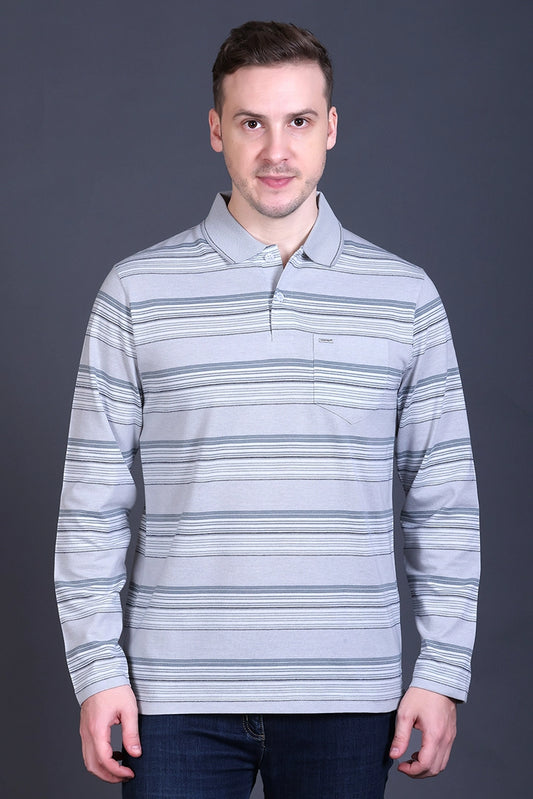 Light Grey Striped Cotton Men Full Sleeve Polo T Shirts With Pocket
