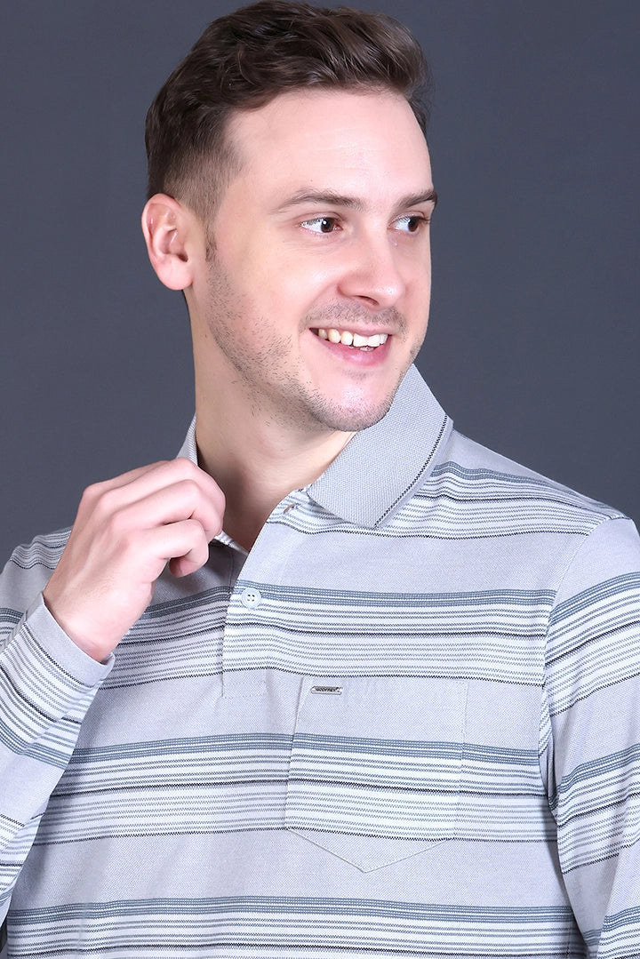 Light Grey Striped Cotton Men Full Sleeve Polo T Shirts With Pocket