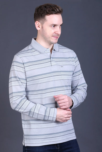 Light Grey Striped Cotton Men Full Sleeve Polo T Shirts With Pocket