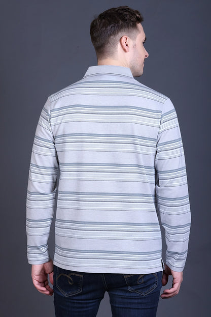 Light Grey Striped Cotton Men Full Sleeve Polo T Shirts With Pocket