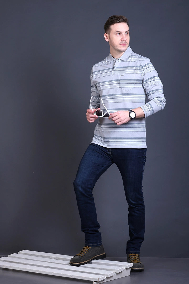 Light Grey Striped Cotton Men Full Sleeve Polo T Shirts With Pocket