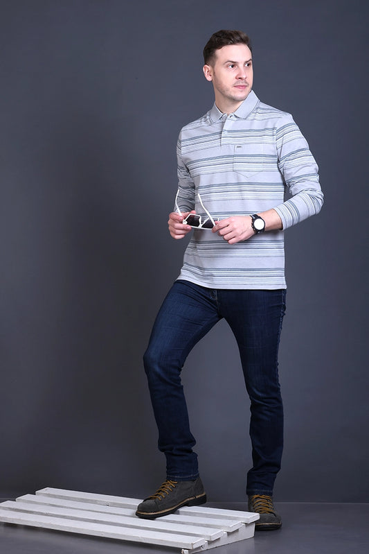 Light Grey Striped Cotton Men Full Sleeve Polo T Shirts With Pocket