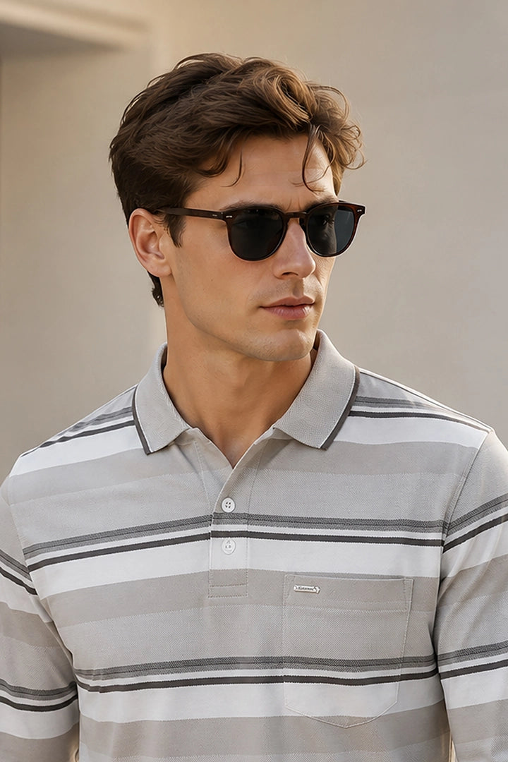 Beige Striped Cotton Men Full Sleeve Polo T Shirts With Pocket
