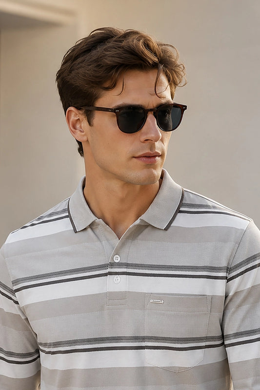 Beige Striped Cotton Men Full Sleeve Polo T Shirts With Pocket