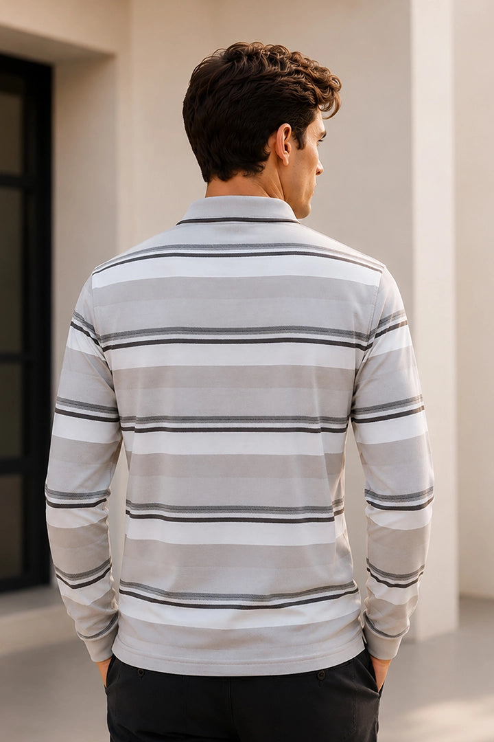 Beige Striped Cotton Men Full Sleeve Polo T Shirts With Pocket